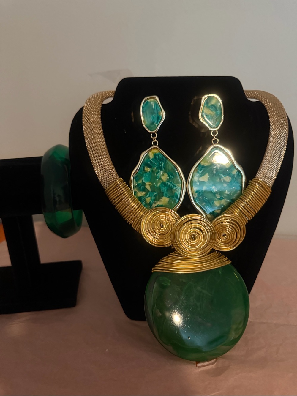 Gold-Tone Green Statement Necklace, Earring Set & bracelet